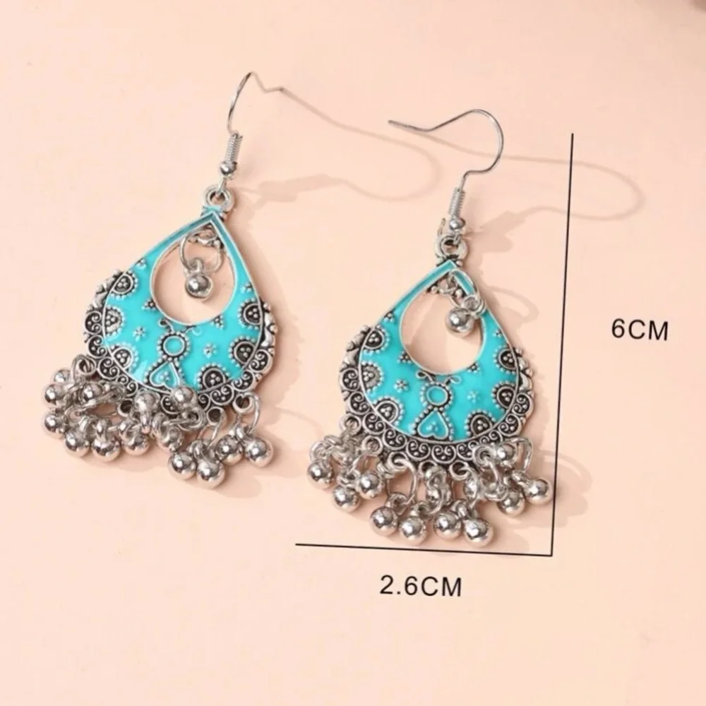 Bohemian Chic Southwest Elegance Turquoise Enamel & Silver Jhumka Ball E… - Picture 2 of 4